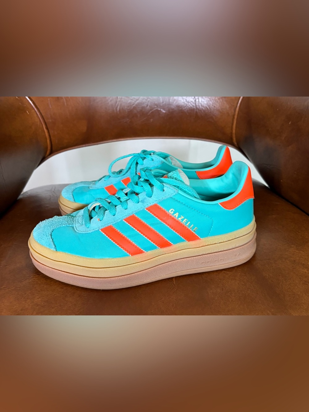 adidas Gazelle Bold Womens Fashion Sneakers in Green Orange size 6.5 platform